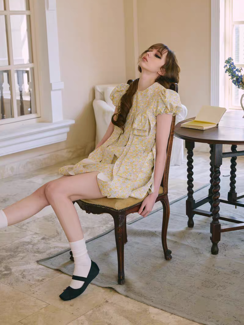 PER PEARL. Original Design Embroider Puff Sleeve Dress with Ribbon Details