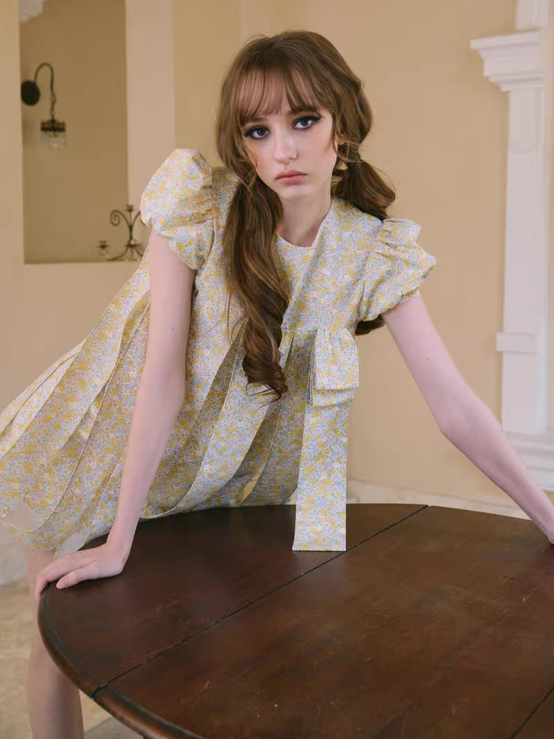 PER PEARL. Original Design Embroider Puff Sleeve Dress with Ribbon Details