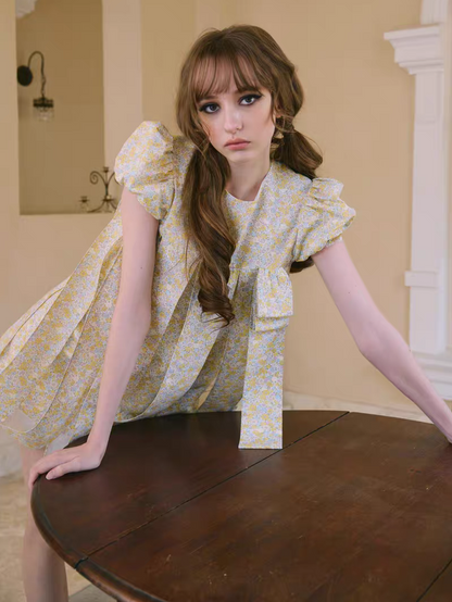 PER PEARL. Original Design Embroider Puff Sleeve Dress with Ribbon Details