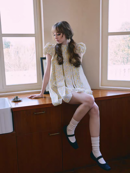 PER PEARL. Original Design Embroider Puff Sleeve Dress with Ribbon Details