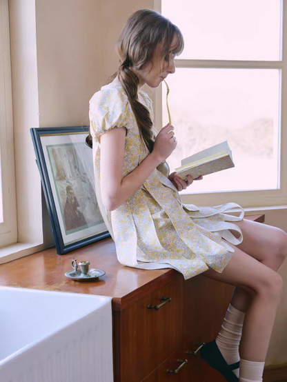 PER PEARL. Original Design Embroider Puff Sleeve Dress with Ribbon Details