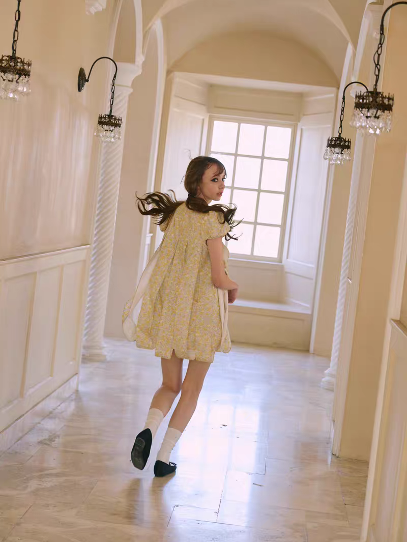 PER PEARL. Original Design Embroider Puff Sleeve Dress with Ribbon Details