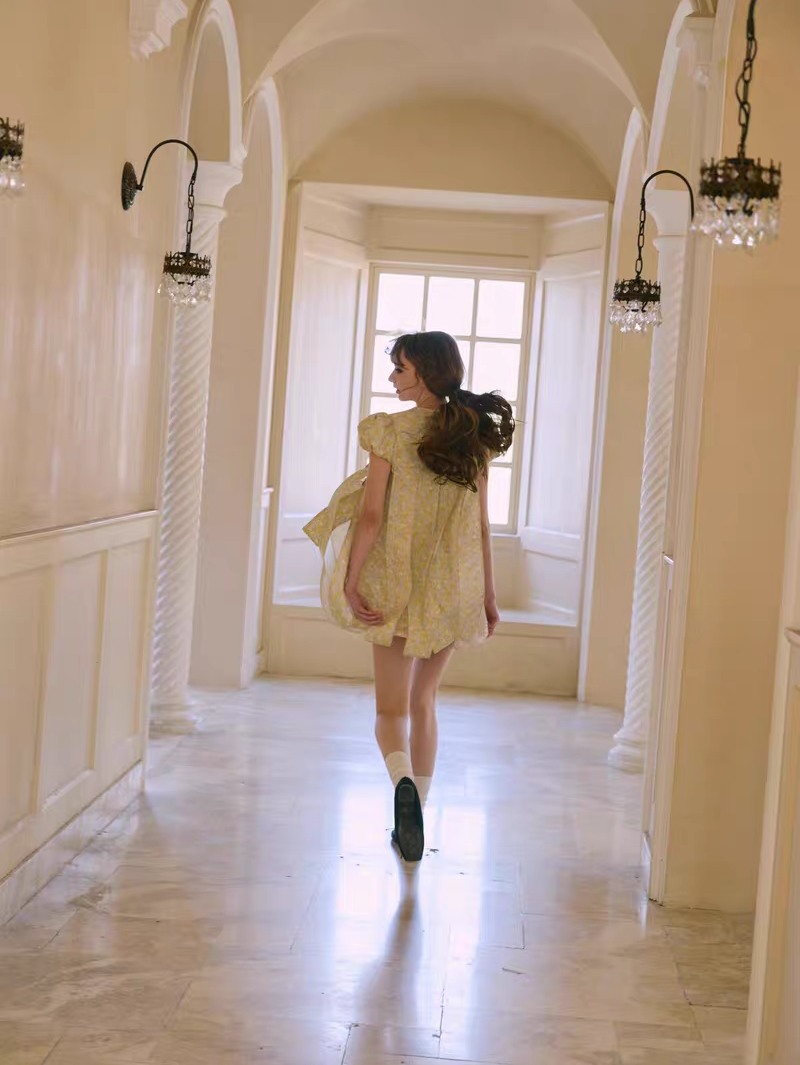 PER PEARL. Original Design Embroider Puff Sleeve Dress with Ribbon Details