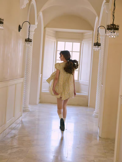 PER PEARL. Original Design Embroider Puff Sleeve Dress with Ribbon Details