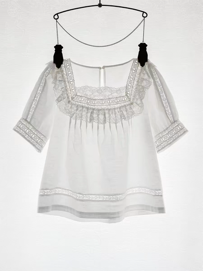 Kissgarnet. Original Design Cotton Linen Short Sleeve Top & Light Pink Shorts Set