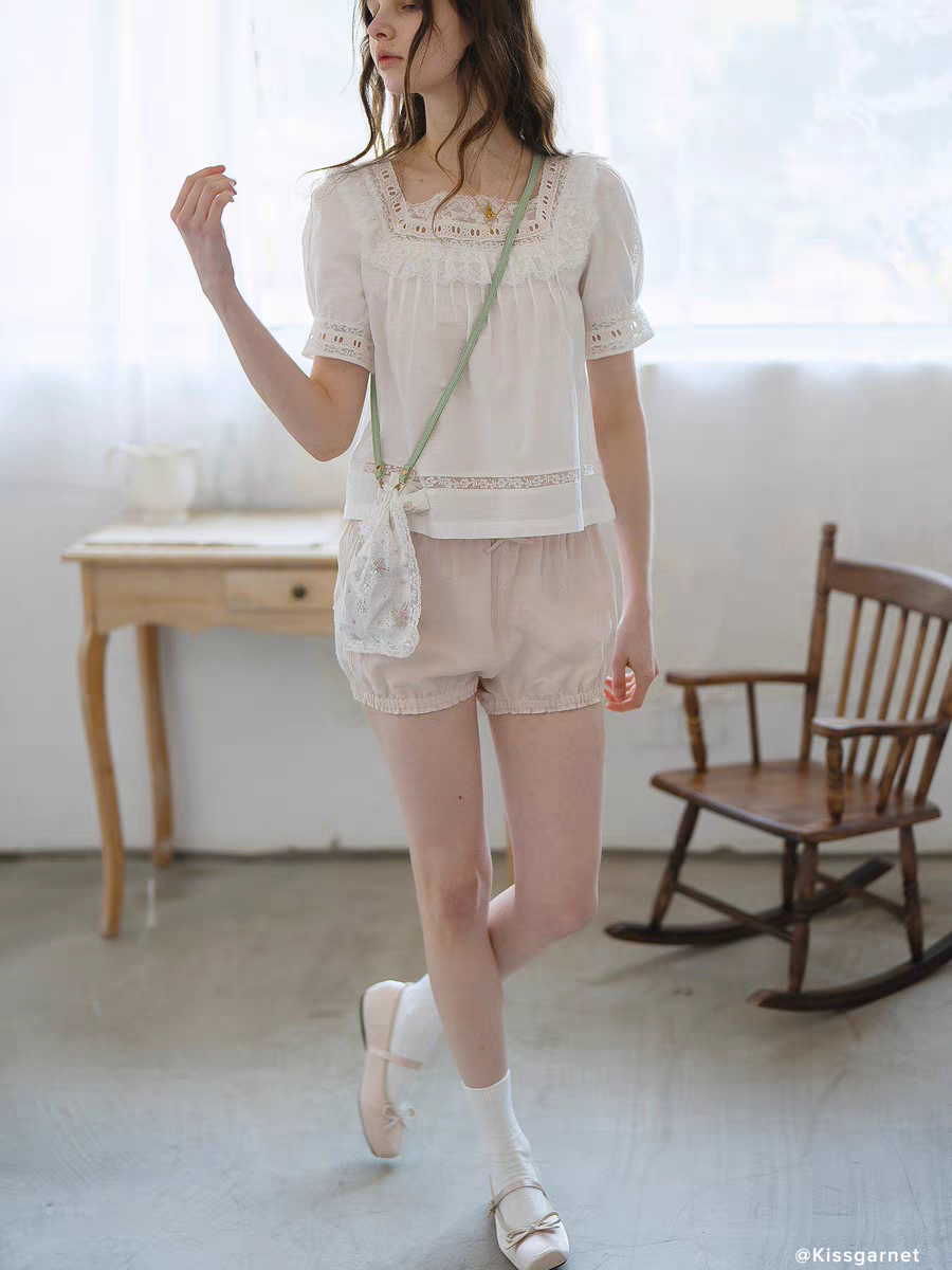 Kissgarnet. Original Design Cotton Linen Short Sleeve Top & Light Pink Shorts Set