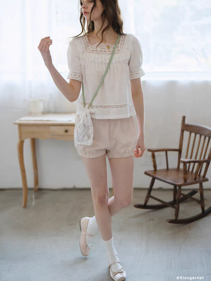 Kissgarnet. Original Design Cotton Linen Short Sleeve Top & Light Pink Shorts Set