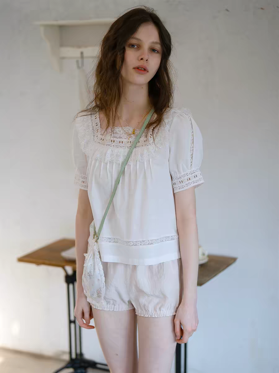 Kissgarnet. Original Design Cotton Linen Short Sleeve Top & Light Pink Shorts Set