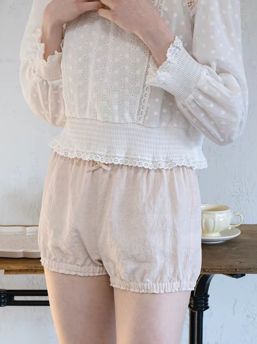 Kissgarnet. Original Design Cotton Linen Short Sleeve Top & Light Pink Shorts Set