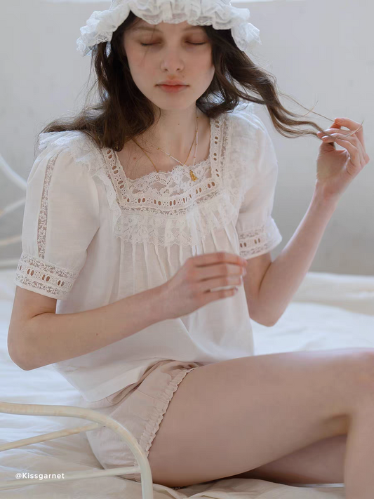 Kissgarnet. Original Design Cotton Linen Short Sleeve Top & Light Pink Shorts Set