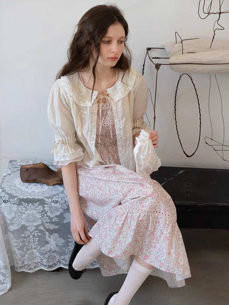 Kissgarnet. Original Design Rose Floral Dress & Embroidered Tie Front Cover-Up Set