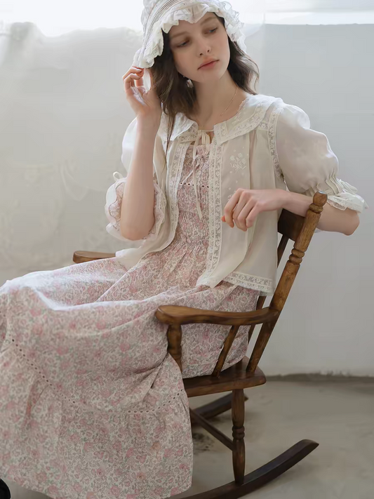 Kissgarnet. Original Design Rose Floral Dress & Embroidered Tie Front Cover-Up Set
