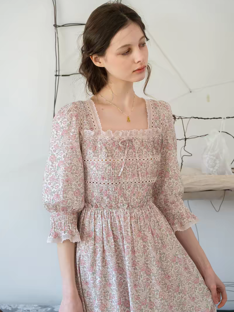 Kissgarnet. Original Design Rose Floral Dress & Embroidered Tie Front Cover-Up Set