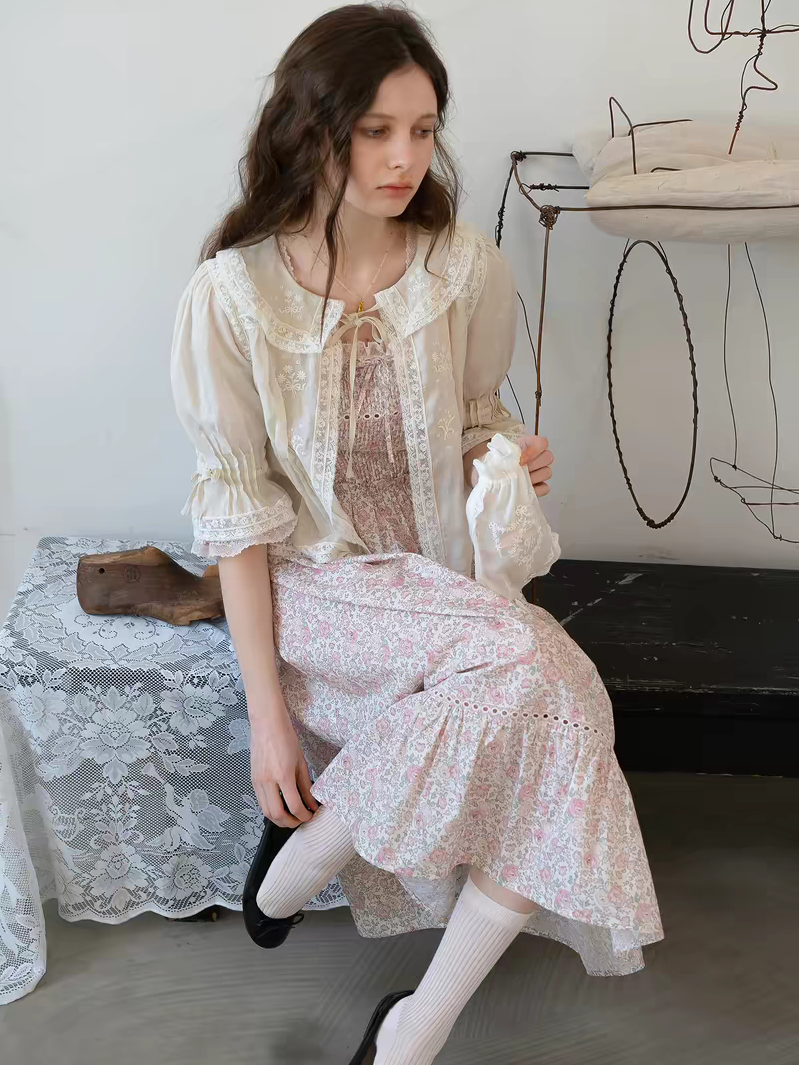 Kissgarnet. Original Design Rose Floral Dress & Embroidered Tie Front Cover-Up Set