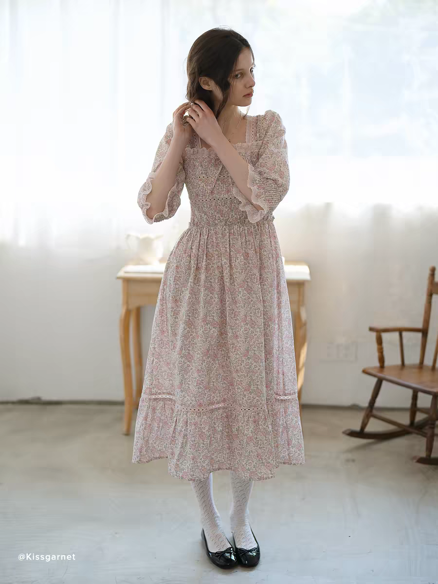 Kissgarnet. Original Design Rose Floral Dress & Embroidered Tie Front Cover-Up Set