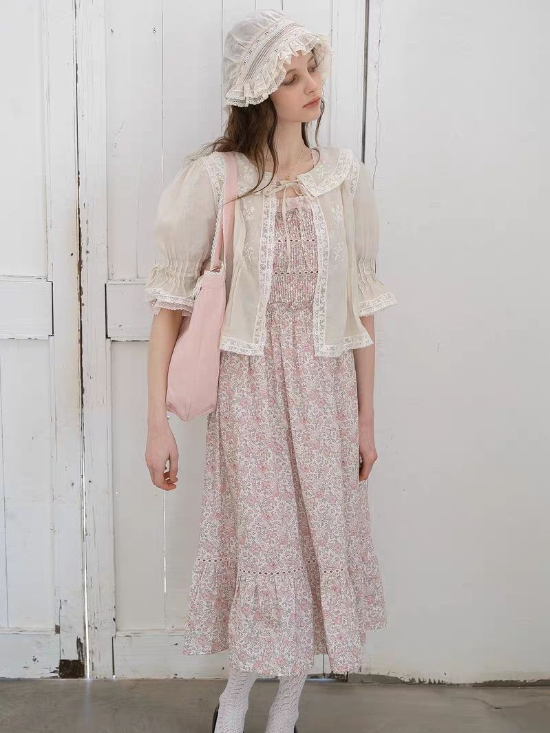 Kissgarnet. Original Design Rose Floral Dress & Embroidered Tie Front Cover-Up Set