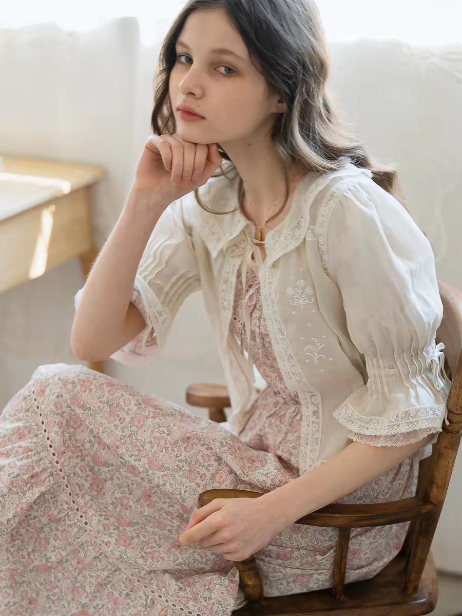 Kissgarnet. Original Design Rose Floral Dress & Embroidered Tie Front Cover-Up Set