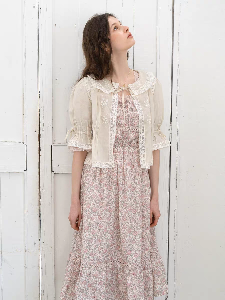 Kissgarnet. Original Design Rose Floral Dress & Embroidered Tie Front Cover-Up Set