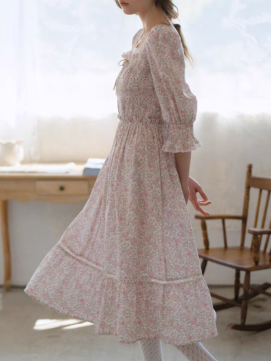 Kissgarnet. Original Design Rose Floral Dress & Embroidered Tie Front Cover-Up Set