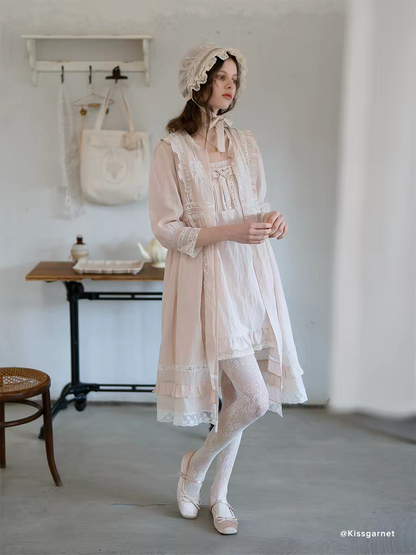 Kissgarnet. Original Design Embroidered Cardigan-Style Overlay Dress & Lace Slip Dress Set