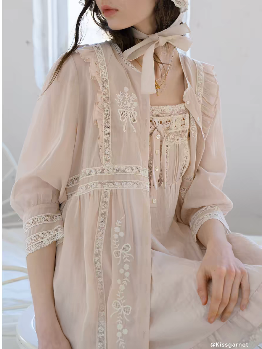 Kissgarnet. Original Design Embroidered Cardigan-Style Overlay Dress & Lace Slip Dress Set