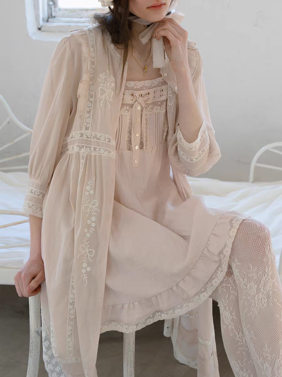 Kissgarnet. Original Design Embroidered Cardigan-Style Overlay Dress & Lace Slip Dress Set