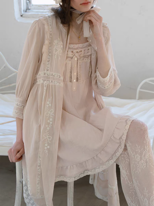 Kissgarnet. Original Design Embroidered Cardigan-Style Overlay Dress & Lace Slip Dress Set