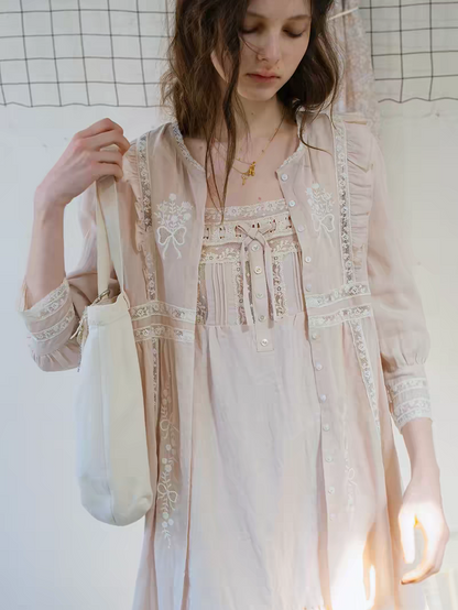 Kissgarnet. Original Design Embroidered Cardigan-Style Overlay Dress & Lace Slip Dress Set