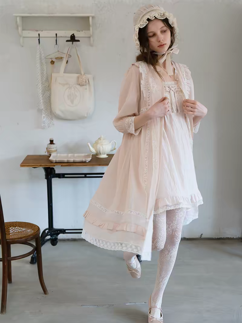 Kissgarnet. Original Design Embroidered Cardigan-Style Overlay Dress & Lace Slip Dress Set