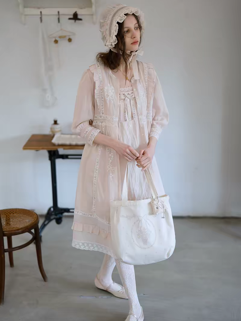 Kissgarnet. Original Design Embroidered Cardigan-Style Overlay Dress & Lace Slip Dress Set