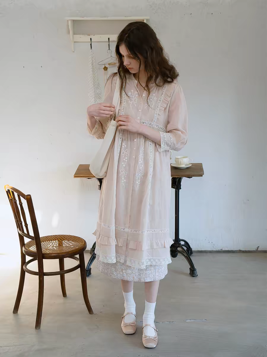 Kissgarnet. Original Design Embroidered Cardigan-Style Overlay Dress & Lace Slip Dress Set