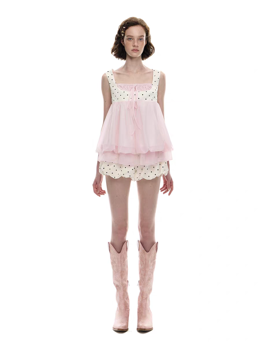 Romance Nanci. Original Design Polka Dot Bubble Hem Sleeveless Top & Skort Set
