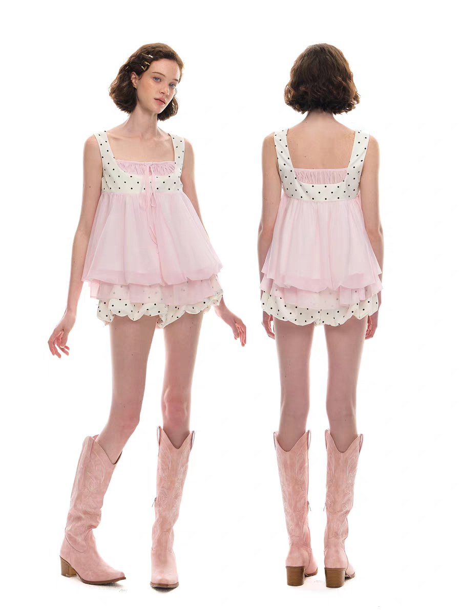 Romance Nanci. Original Design Polka Dot Bubble Hem Sleeveless Top & Skort Set