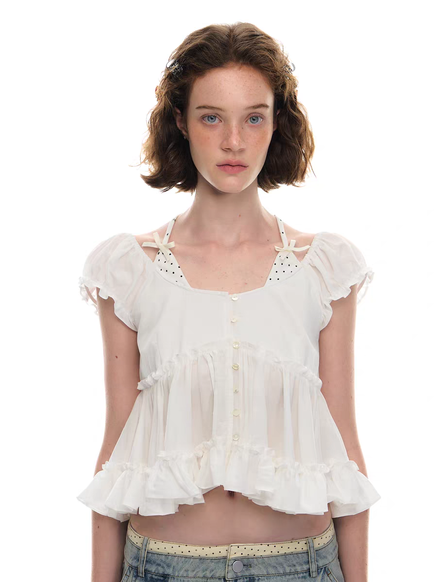 Romance Nanci. Original Design Polka Dot Patchwork Halter Cropped Shirt Top