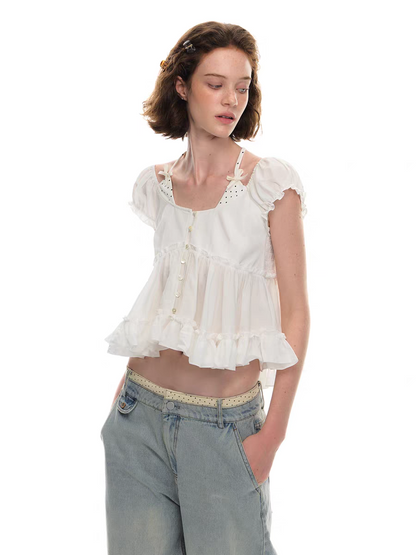 Romance Nanci. Original Design Polka Dot Patchwork Halter Cropped Shirt Top