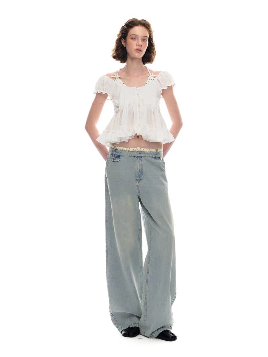 Romance Nanci. Original Design Polka Dot Patchwork Halter Cropped Shirt Top