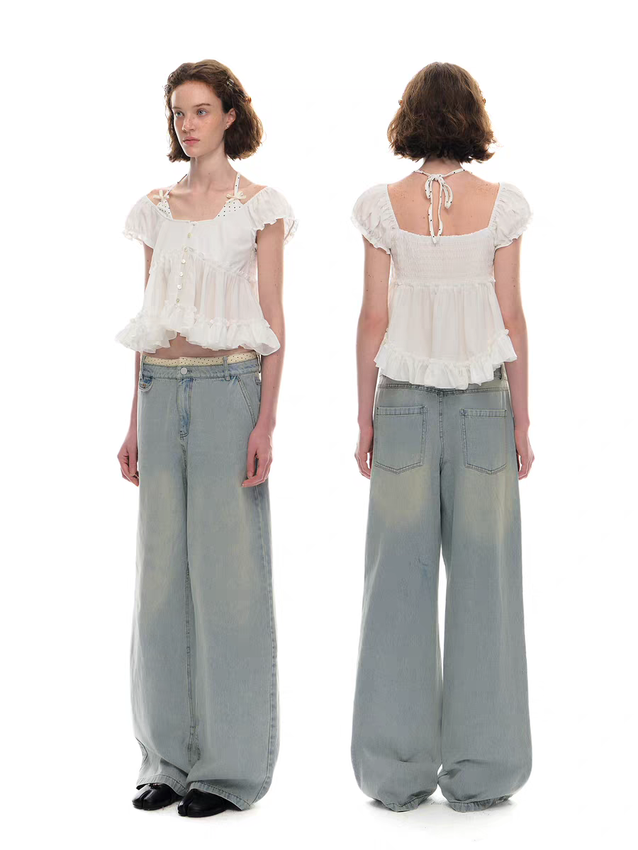 Romance Nanci. Original Design Polka Dot Patchwork Halter Cropped Shirt Top