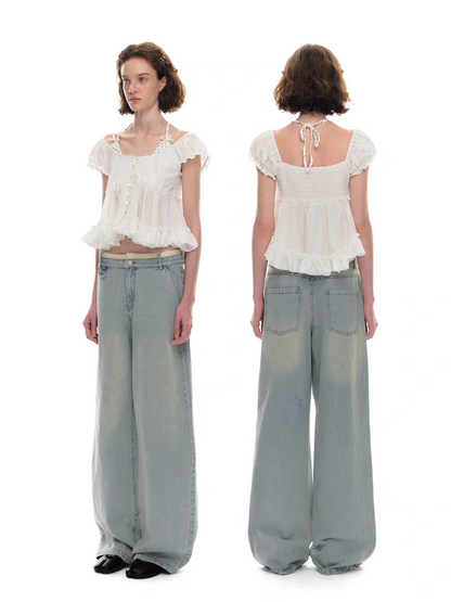 Romance Nanci. Original Design Polka Dot Patchwork Halter Cropped Shirt Top