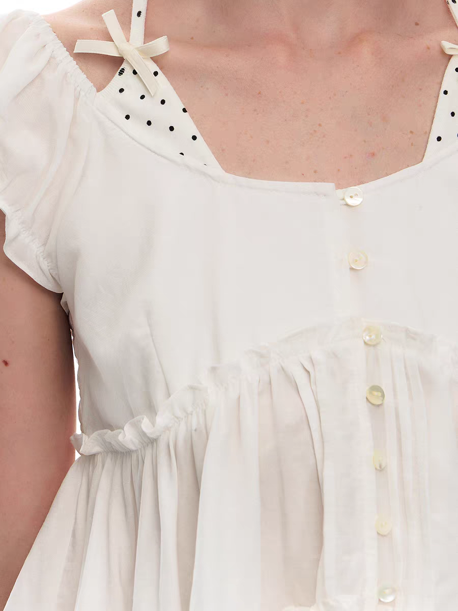 Romance Nanci. Original Design Polka Dot Patchwork Halter Cropped Shirt Top
