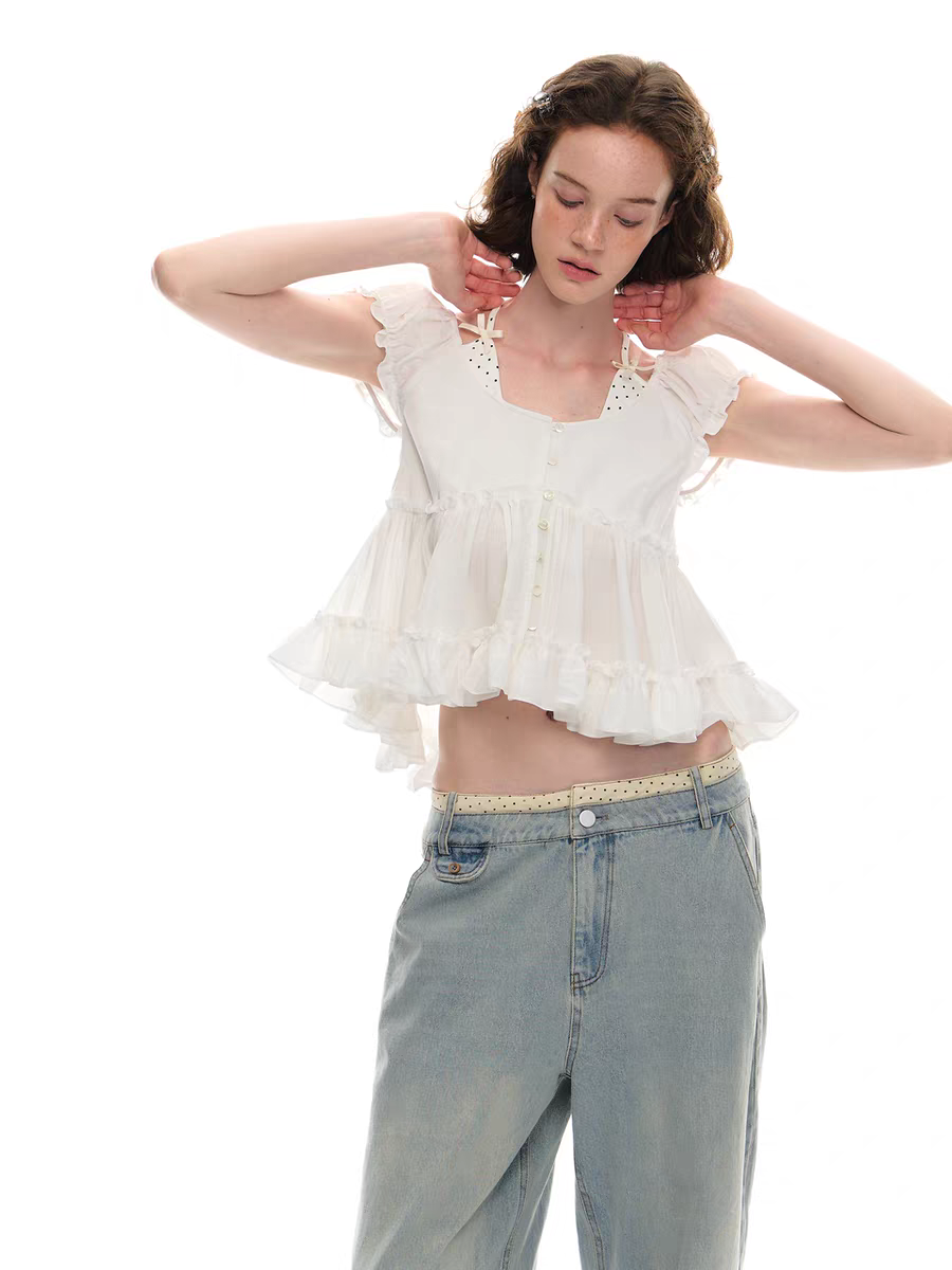 Romance Nanci. Original Design Polka Dot Patchwork Halter Cropped Shirt Top
