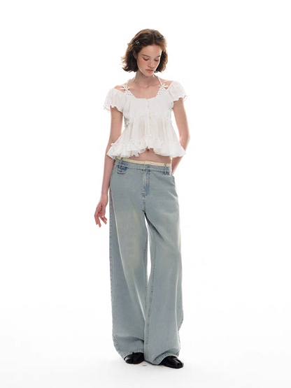 Romance Nanci. Original Design Polka Dot Patchwork Halter Cropped Shirt Top
