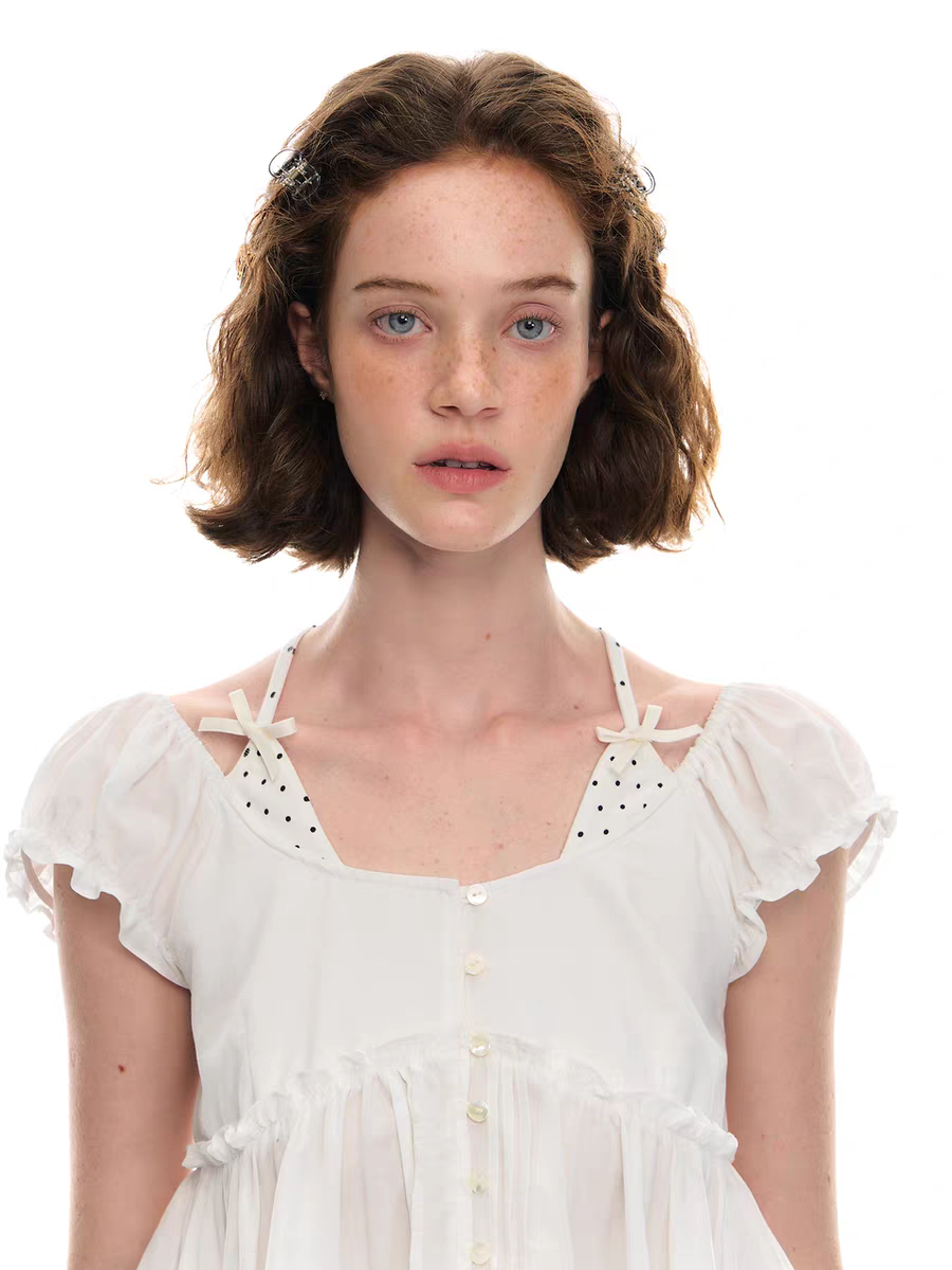 Romance Nanci. Original Design Polka Dot Patchwork Halter Cropped Shirt Top