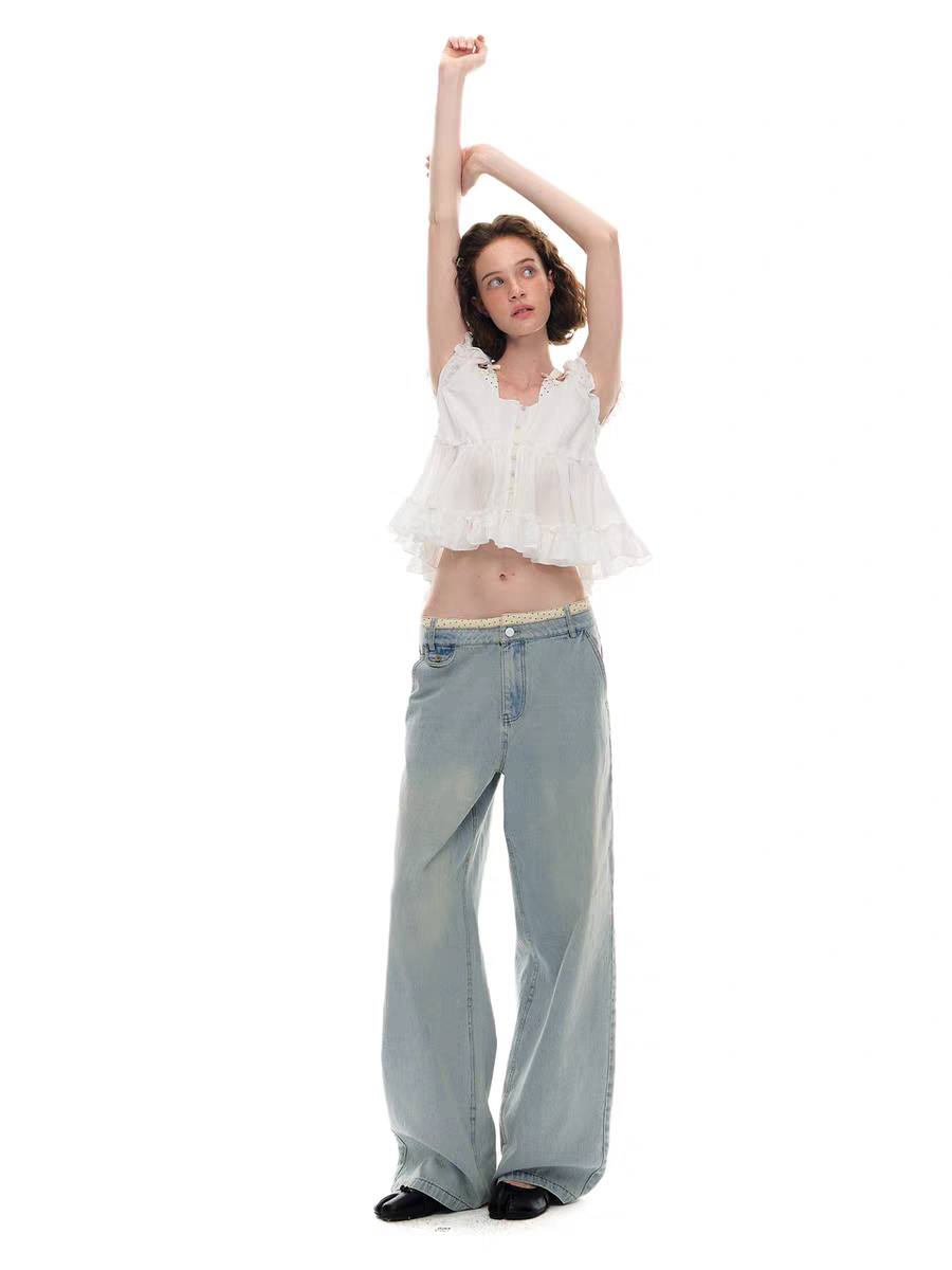 Romance Nanci. Original Design Polka Dot Patchwork Halter Cropped Shirt Top