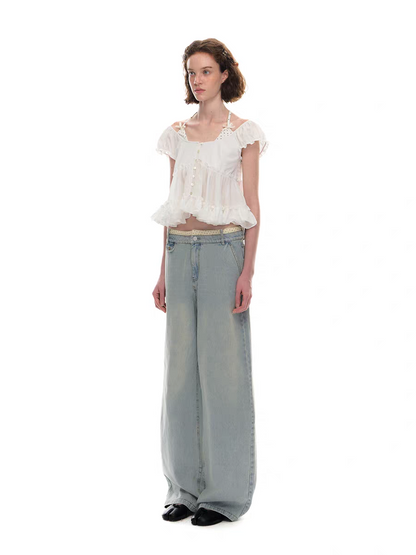 Romance Nanci. Original Design Polka Dot Patchwork Halter Cropped Shirt Top