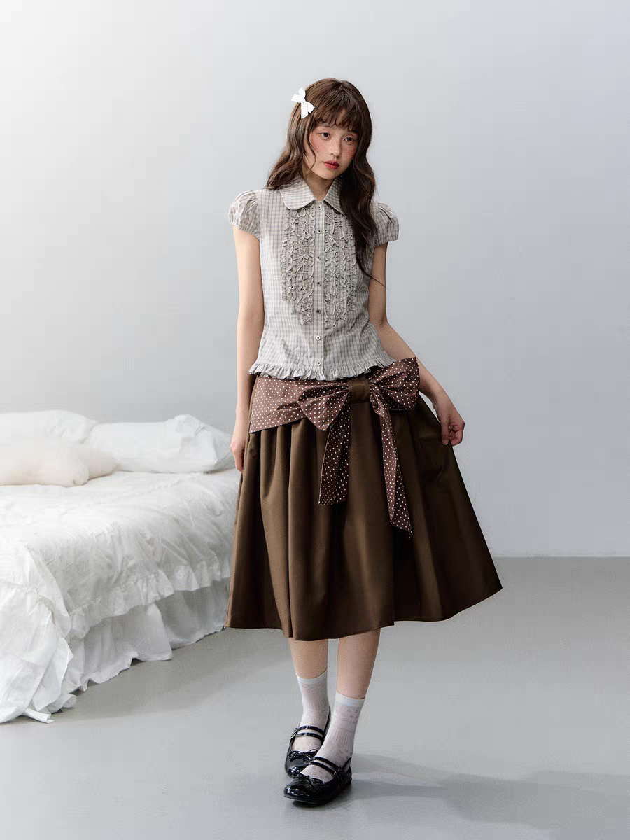 Narratorgirls. Original Design Polka Dot Bow Puffy Midi Skirt