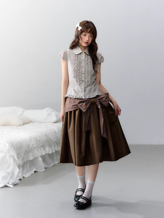 Narratorgirls. Original Design Polka Dot Bow Puffy Midi Skirt