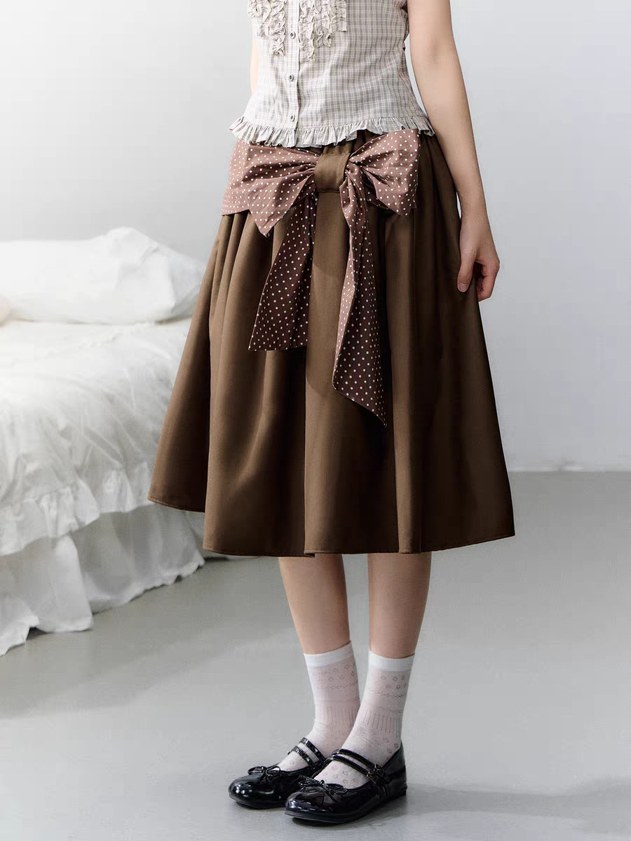 Narratorgirls. Original Design Polka Dot Bow Puffy Midi Skirt