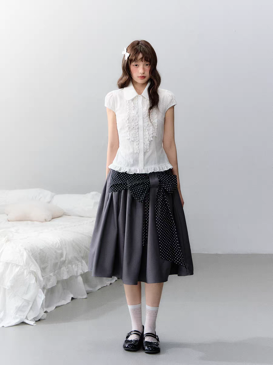 Narratorgirls. Original Design Polka Dot Bow Puffy Midi Skirt