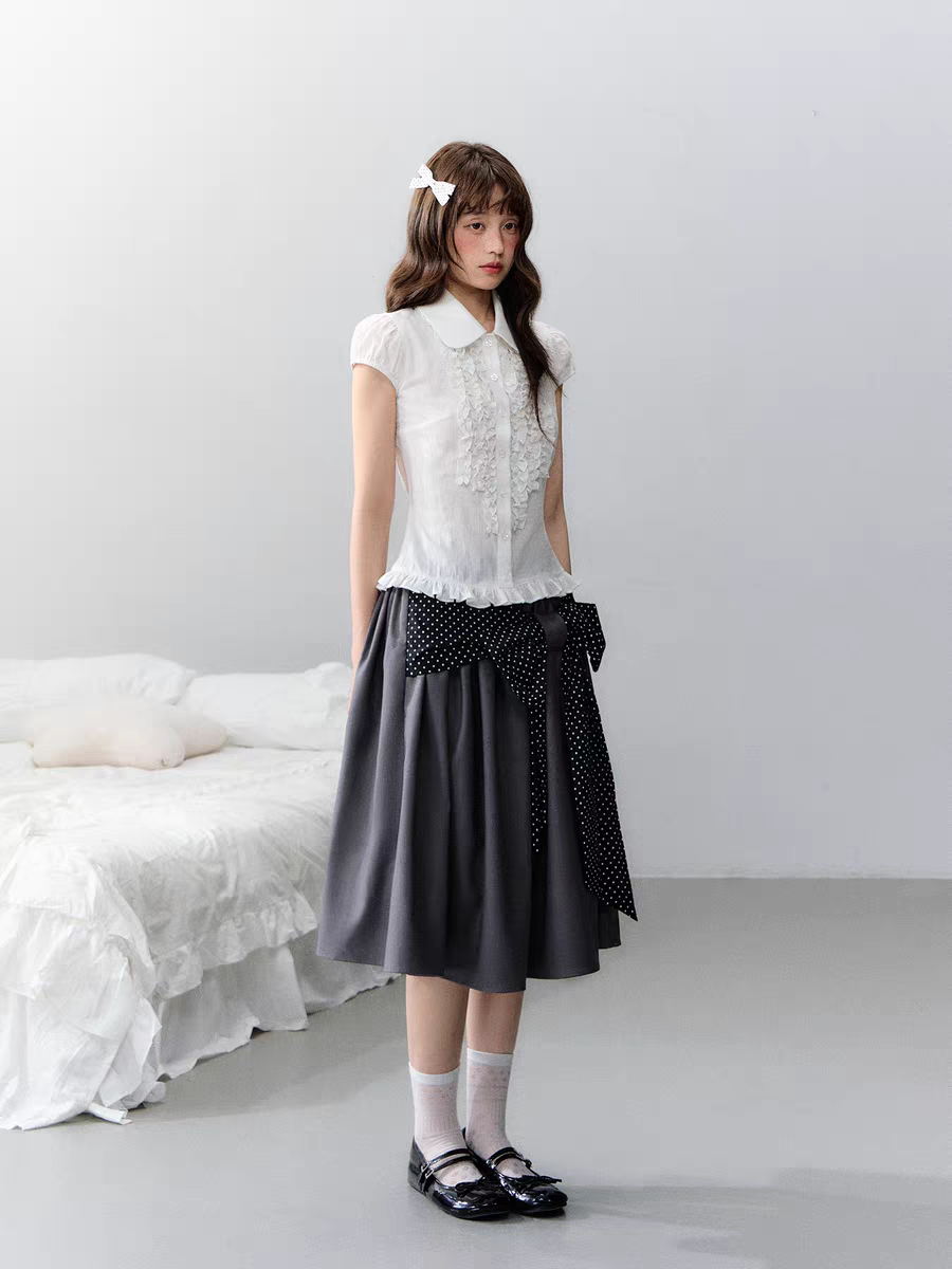 Narratorgirls. Original Design Polka Dot Bow Puffy Midi Skirt