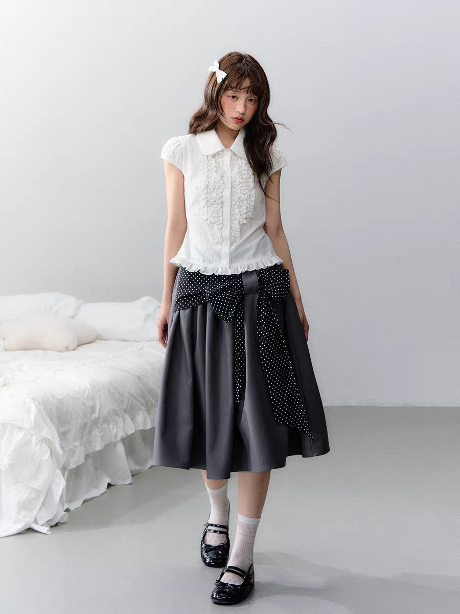 Narratorgirls. Original Design Polka Dot Bow Puffy Midi Skirt